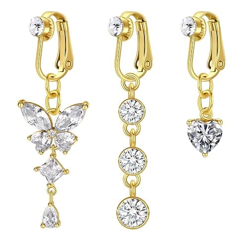 D.Bella Fake Belly Ring Fake Belly Piercing Clip on Belly Button Rings Surgical Steel Fake Belly Button Ring Fake Earrings Diamond Snake Dangle Non Piercing Fake Belly Piercing Jewelry - Image 1