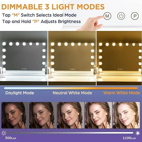 M MIVONDA Hollywood Vanity Mirror with Dimmable 15LED Bulbs Lights 3 Lighting Modes 2in1 Large Lighted Makeup Mirror for Desk and Wall with Plug-in and USB Charger Port thumbnail 4