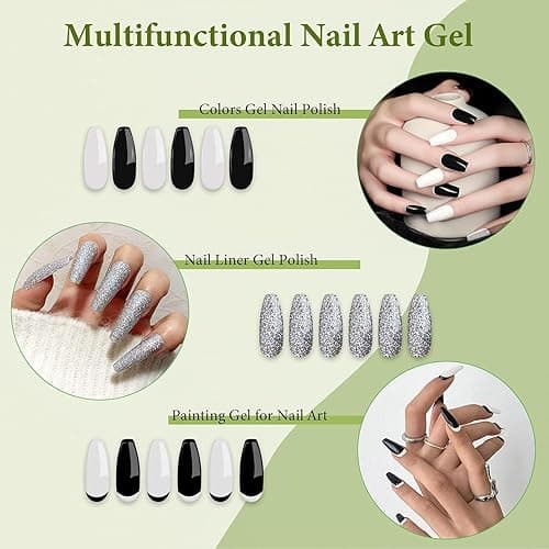 GOICC Gel Nail Art Polish Set with Thin Brush – 4 Colors White Gel Nail Polish Black Silver Glitter Liner for Nail Art Design French Tips Soak Off UV/LED 8ml thumbnail 5