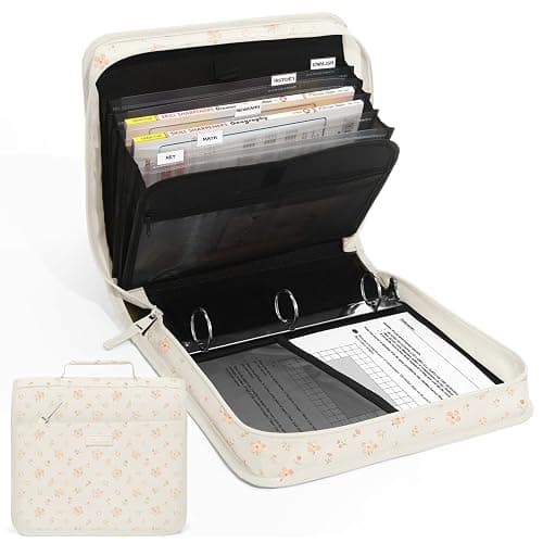Zipper Binder with Handle, 1.5 Inch O-Ring, 325 Pages Capacity, with 5-Tab Expanding File Folder for Classified Storage, for Middle School Students, Pink Little Flower - Image 1