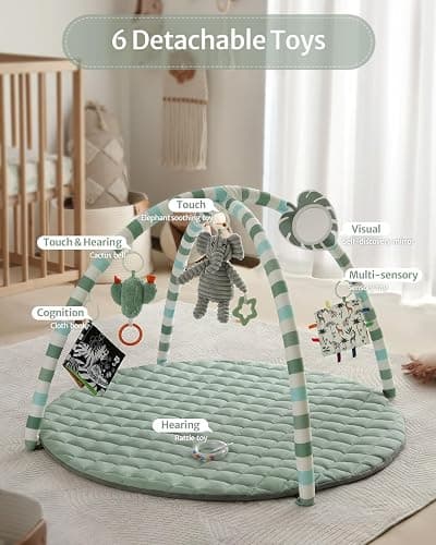 Blissful Diary Baby Play Gym Mat, Play Mat Activity Mat with 6 Detachable Toys for Stage-Based Sensory & Motor Skill Development, Easy to Install & Clean, Baby Essentials Gift, Sage Green thumbnail 4