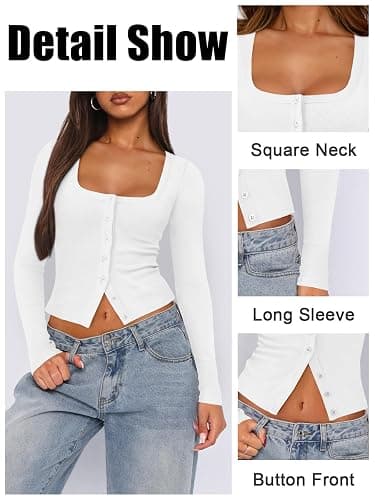 Pungdra Womens Button Up Tops for Women Knit Ribbed Fitted Button Down Cardigan Long Sleeve Going Out Tops Fall Clothes thumbnail 4