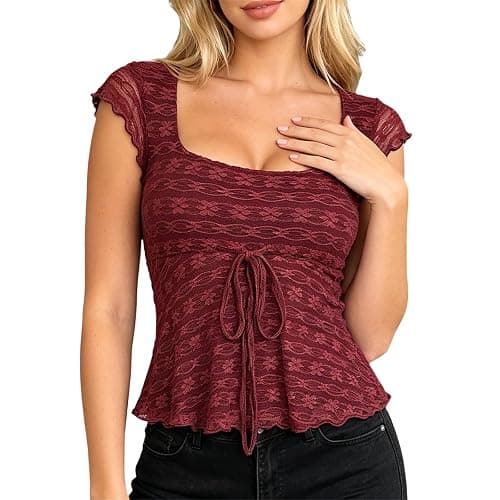 Womens Square Neck Short Sleeve Lace Top Front Tie Ruched Design Casual Blouse for Everyday and Night Out Occasions - Image 1