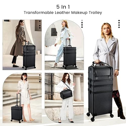 Costravio 5 in 1 Rolling Makeup Case Transformable Train Case, Black Vegan Leather Cosmetology Case on Wheels, Travel Cosmetic Storage Cases for for Hairstylist Artist Nail Beauty Salon Barber thumbnail 7