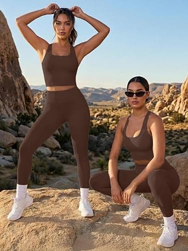 2 Piece Workout Sets for Women Racerback Tank High Waisted Pocket Leggings No Front Seam Tummy Control Butt Lifting thumbnail 7