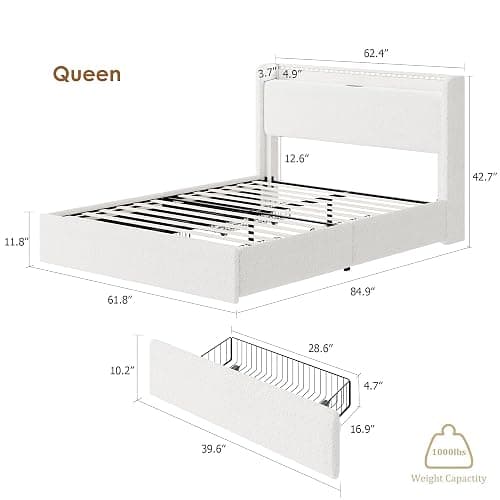 coucheta Queen Size LED Bed Frame with Headboard & 4 Storage Drawers, Soft Boucle Upholstered Platform Bed Frame with Charging Station and USB Ports, Wooden Slats Support, No Box Spring Needed, White thumbnail 2