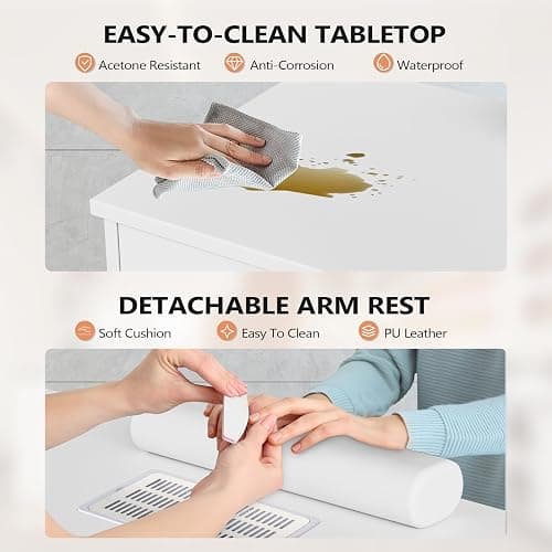 OmySalon Nail Desk with Ribbed Design & Electric Dust Collector - Nail Tech Station with Storage Drawer, Fluted Glass Cabinet & Wrist Cushion for Home Salon & Spa (White) thumbnail 6