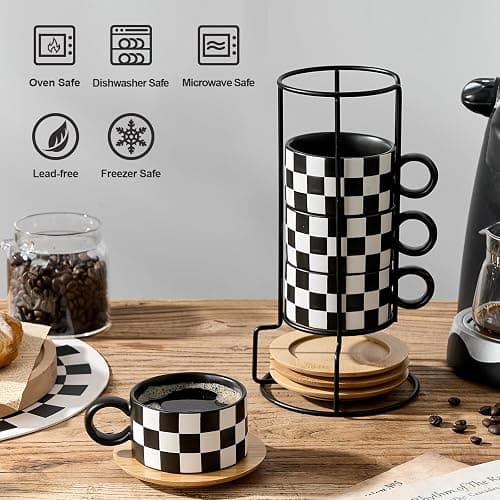 LUKA 6 Ounce Ceramic Stackable Black and White Checkered Espresso Cups with Saucers and Metal Stand Set of 4, Cappuccino Cups Set for Coffee Drinks, Latte, Cafe Mocha and Tea, Black Interior thumbnail 5
