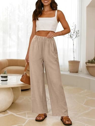 ANRABESS Women's Wide Leg Linen Pants Summer Boho Casual Elastic Waist Long Lounge Travel Pants Trousers with Pockets thumbnail 2