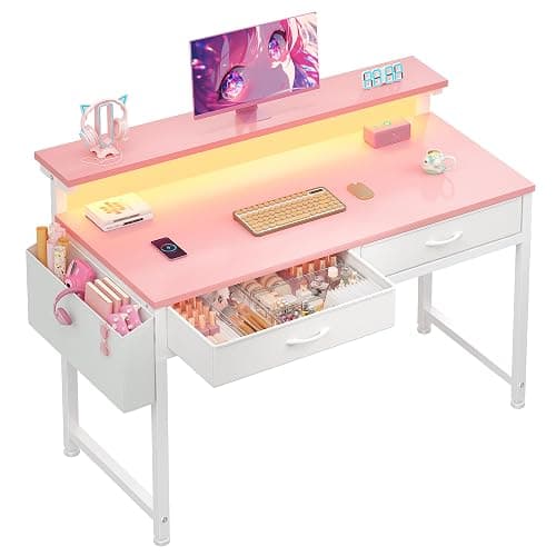 DurayLoly 31Inch Small Computer Desk with LED Lights & 2 Fabric Drawers, Gaming Desk with Side Pocket & Ergonomic Monitor Stand, Small Space Study Writing Table with Anti-Tip Design,Pink - Image 1