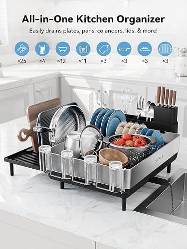 SUNLY Large Dish Drying Rack, Expandable Dish Racks for Kitchen Counter, Space Saving 304 Stainless Steel Drying Rack Kitchen, Extra Large Drainer with Multifunctional Flip Up Pegs, Black thumbnail 3