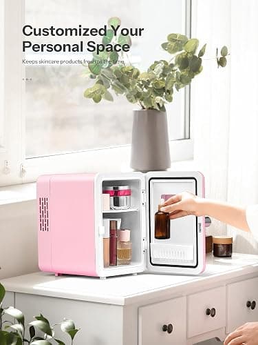 Reemix Mini Fridge, 4L/6 Cans Retro Portable Cooler For 120V Home & 12V DC Car Use, Skincare Fridge for Bedroom, Car, Office, Dorm, Pink thumbnail 5
