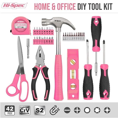 Hi-Spec 42pc Small Tool Box Set for Women. Home, Office and College Dorm Household DIY Screwdriver Toolkit of Starter Basic Ladies Pink Tools - Pink thumbnail 2