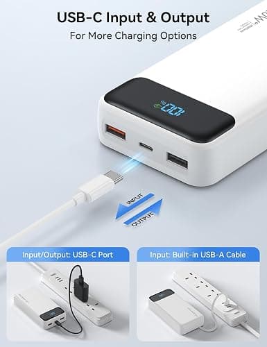 Nusyddy Portable Charger 20000mAh with 4 Built-in Cables & 6 Outputs White | High Capacity, PD20W Fast Charging, LED Display, Pass Through, 6-Devices-in-1, TSA Approved, Fits iPhone, iPad, Samsung thumbnail 6