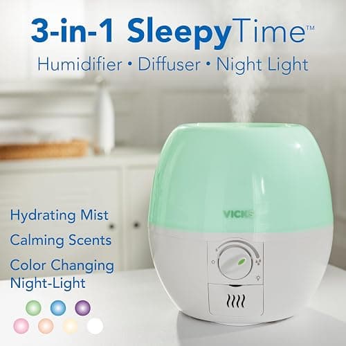 Vicks 3-in-1 SleepyTime Humidifier, No. 1 Brand Recommended by Pediatricians*. Cool Mist Humidifier with Night-Light, and Essential Oil Diffuser for Baby and Kids rooms. Visible Cool Mist, White. thumbnail 3