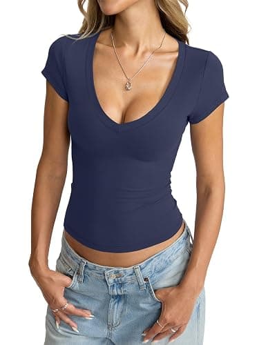 EasyGala Womens Deep V Neck Short Sleeve Shirts Sexy Slim Fit Crop Tops Basic Tees Going Out Summer Outfits thumbnail 2