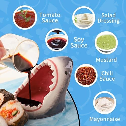 Light Blue Ceramic Shark Plate, Shark Sushi Plates, Funny Handmade Kitchen Salad Plates with Dipping Sauce Bowl, Microwave/Oven/Dishwasher Safe Plates, Holiday Birthday Gifts for Shark Party Lovers thumbnail 6