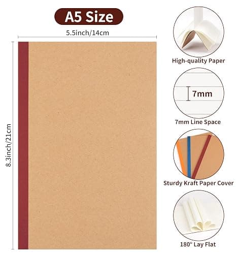 ALKALO 60 Pack Lined Notebook Journals Bulk, A5 College Ruled Composition Notebook, Kraft Cover with Vintage Spines, 8.3”x 5.5”, 15 Colors 60 Pages for School Office Travel thumbnail 3
