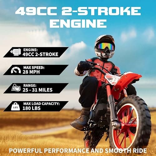 Kids Dirt Bike 49CC 2-Stroke Gas Powered Off Road Dirt Bike, Tire Shock Absorber Spring Soft Seat Cushion with Front and Rear Disc Brake Max Speed 28 MPH thumbnail 5