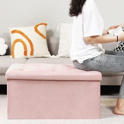 B FSOBEIIALEO Folding Storage Ottoman, Long Ottomans Shoes Bench, Velvet Storage Chest Footrest Seat 31.5"x15.7"x15.7" (Pink, Large) thumbnail 4