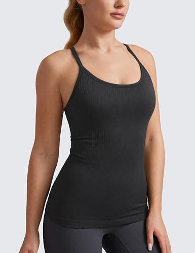 CRZ YOGA Seamless Workout Tank Tops for Women Racerback Athletic Camisole Sports Shirts with Built in Bra - Medium - Black thumbnail 2
