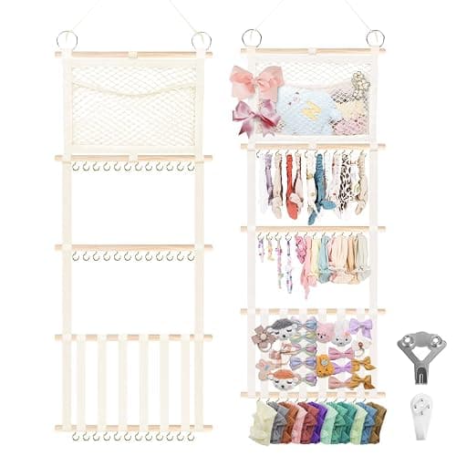 Headband Holder Hair Bow Organizer for Girls, 52x17 inch Beige Wall Hanging Headband Hanger Shelf w/Mesh Pocket, Baby Hair Accessories Organizer Storage for Toddler Nursery Kids Room Decor - Image 1