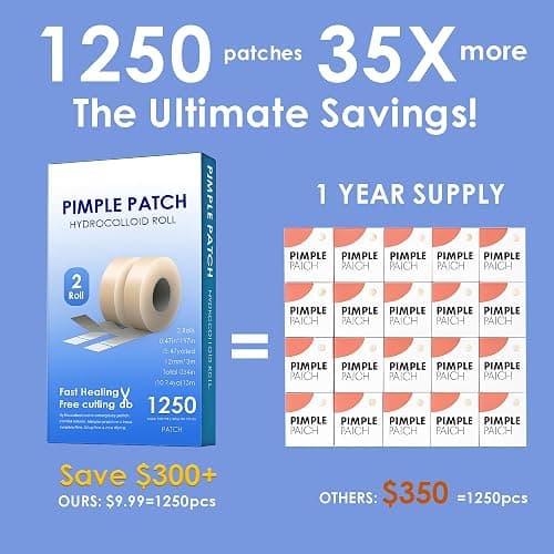 Pimple Patches for Face (1250 Count), Waterproof & Cut-to-Size Hydrocolloid Roll Tape, Absorb Gunk, Fast Healing & Hypoallergenic, Acne Patches Pimple Stickers for All Size Acne thumbnail 2