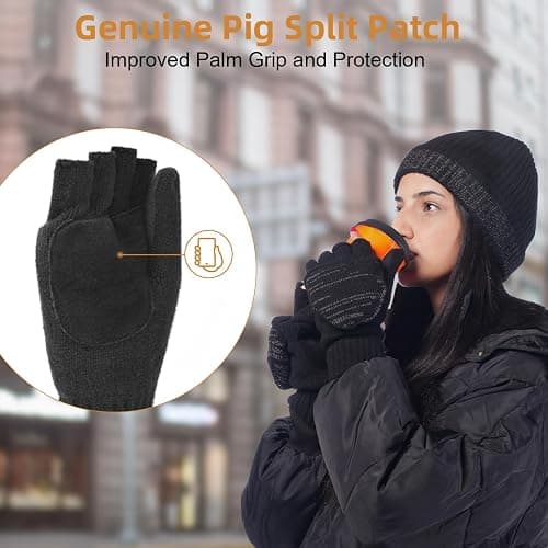 BERGWEISER Flip Winter Gloves, Wool Fingerless Gloves for Women Men Cold Weather, Mittens with Reflective for Christmas thumbnail 3
