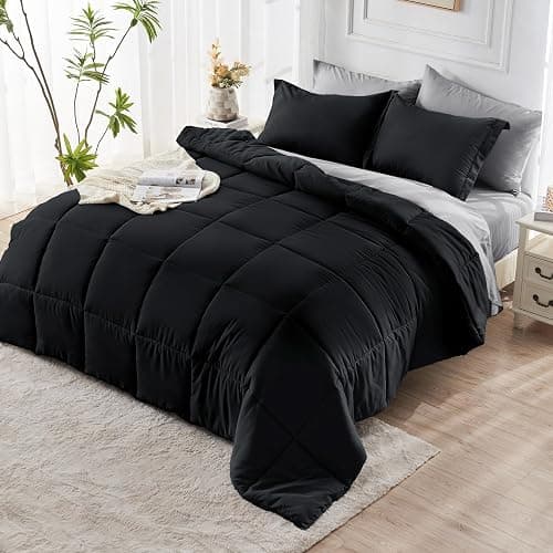 JOLLYVOGUE Full Comforter Set, Ultra-Soft Bed in a Bag Full Size 7 Pieces, Oeko-TEX Certified Bedding Set with Down Alternative Comforter, Sheets, Pillowcases & Shams, Black & Light Grey thumbnail 8