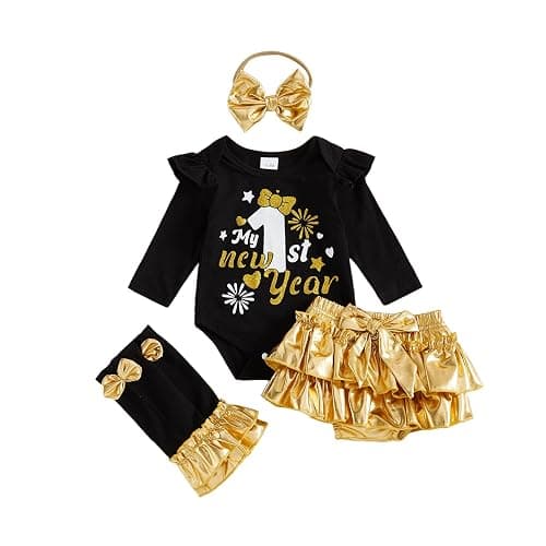 BeQeuewll Newborn Baby Girl Mardi Gras Outfit 1st Letter Long Sleeve Romper+Tutu Skirts+Leg Warmers+Headband 4Pcs Clothes - Image 1