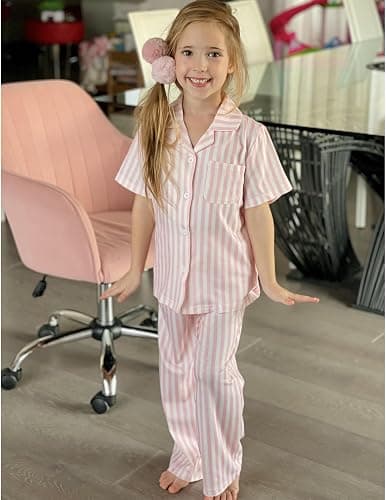 Arshiner Pajamas for Girls Short Sleeve Long Pants Outfit 2 Piece Sleepwear Button Pjs Sets thumbnail 2