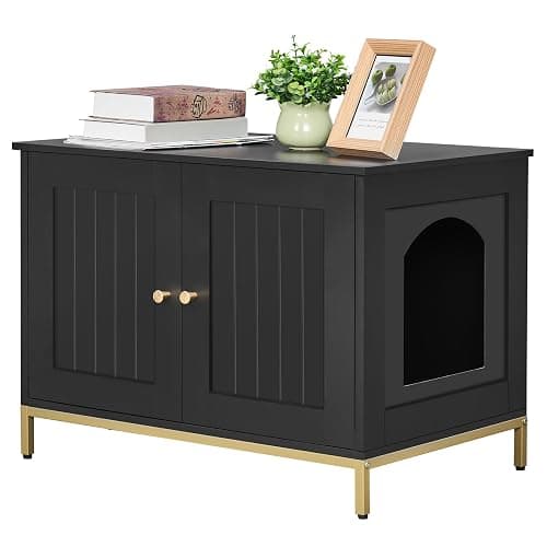 Homhedy Cat Litter Box Enclosure, Cat Washroom Furniture with Metal Frame, Pet House, Fit Most of Litter Box, Modern Style, Black and Gold - Image 1