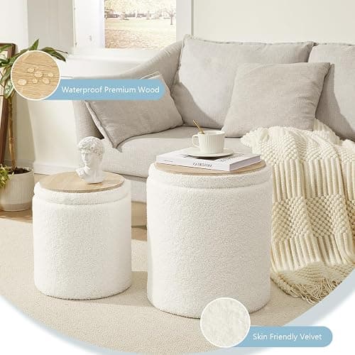 Royal Windsor Boucle Round Ottoman with Storage Set of 2,Small Foot Stool Ottoman for Living Room, Small Coffee Table,Vanity Stool with Storage for Bedroom, White thumbnail 6