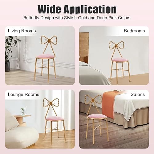 DYRABREST Makeup Vanity Chairs Stool for Bedroom with Bow Knot Backrest and Velvet Cushion Bedroom Pink Princess Chair with Golden Metal Leg for Girl Room 32.3 inch Tall (Dark Pink) thumbnail 7