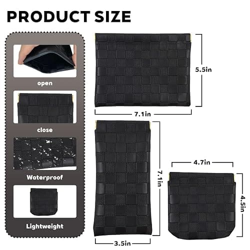3PCS Small Makeup Bag for Women, Mini Cosmetic Bags Leather Pocket Pouch Purse,Snap Closure Waterproof Portable Bag,Checkered Storage Travel Bag for Lipstick Change Glasses Coin Cards (Black) thumbnail 2