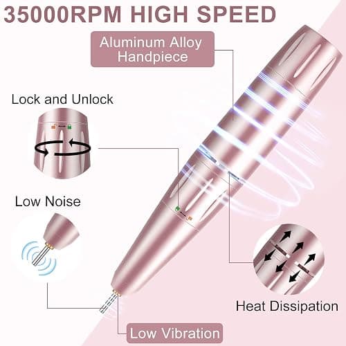 Electric Nail Drill, Urbuti 35000RPM Professional Nail Drill Machine, Portable Rechargeable File Machine Set for Acrylic Gel Nails, Manicure Pedicure Tools for Home and Salon Use(Pink) thumbnail 3