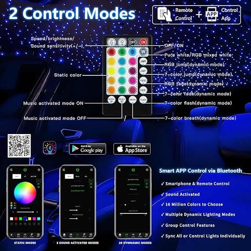 Meeby 16W APP Fiber Optic Starlight Headliner Lights Kit, 300pcs*0.03in(6.5ft/2m) Optical Fiber Star Music Activated RGBW Ceiling Light Kit for Car Headliner Star/Home thumbnail 5