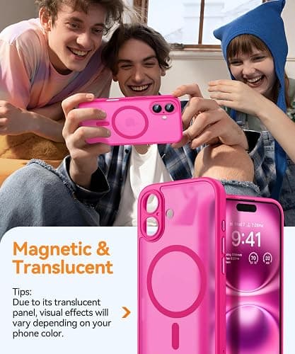 CANSHN Magnetic for iPhone 16 Case, Upgraded [Full Camera Protection] [Compatible with Magsafe] [Translucent Matte] Shockproof Protective Phone Case for iPhone 16 - Hot Pink thumbnail 3