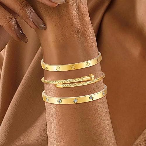 Camhanno Gold Bracelets for Women - Stackable Bangles with Love & Friendship Theme - Stainless Steel Jewelry Gift for Her thumbnail 3