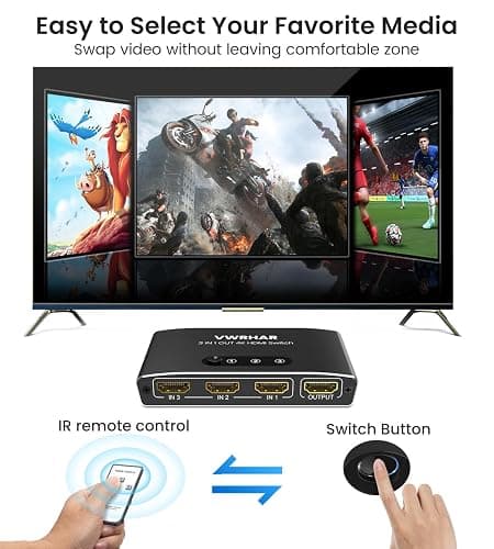 HDMI Switch 3 in 1 Out 4K UHD HDMI Switcher Splitter, Automatic Switch with Remote Metal Splitter Box Hub Support 4K 60Hz 3D 1080P HDCP2.2 for PS5 PS4 Xbox DVD Player Fire Stick Apple TV PC thumbnail 3