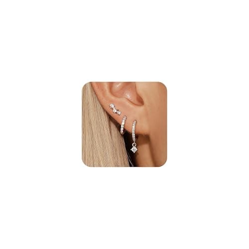 Eathareel Sterling Silver Hoop Earrings Set for Women, 14K Gold Plated|Silver Blue|Emerald Green Shiny CZ Earrings Set, Hypoallergenic Earring for Sensitive Ears, No tarnish No Lead - Image 1