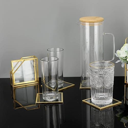 JuxYes Set of 7 Glass Coasters with Holder, Gold Elegant Cup Coasters for Coffee, Tea, Wine - Square Brass Edge Glass Mats for Coffee Table thumbnail 7