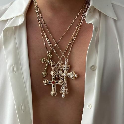 Cross Pendant Necklace Set for Women Punk Grunge Imitation Pearl Cross Layered Chain Necklace Statement Y2K Jewelry thumbnail 2