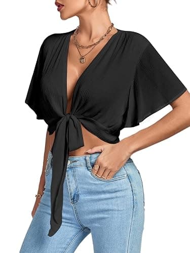 LYANER Women's Deep V Neck Tie Front Knot Wrap Ruffle Short Sleeeve Crop Top Blouse thumbnail 3