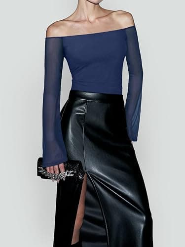 REORIA Off The Shoulder Tops for Women Tube Double Lined Mesh Going Out Shirts 2025 Fall Fashion Trendy Tops thumbnail 6