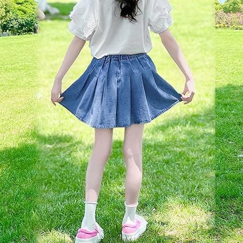 Milokado 3-13 Years Skirts for Teen Girls Blue Elastic High Waist A Line Pleated Denim Skirt - 9-10 Years - Blue thumbnail 4