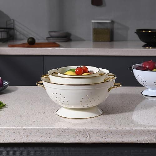 Metal Colander Set of 3, Strainer Basket with Handles perfect for Spaghetti, Pasta, Berry, Vegetable, Fruit, Solid Base Powder Coated Kitchen Essential Strainer Set, 1 & 3.5 & 5 Qt (Cream) thumbnail 6