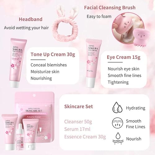 Japan Sakura Skin Care Set for Teen Girls - Evolvique Skin Care for Teens 10-12 - Skincare for Girls 10-12 - Skin Care Kit Gift Set for Women with Cleanser,Serum,Cream(One Size, 8PCS Sakura Scent) thumbnail 2