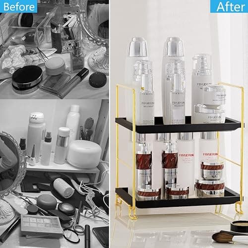 FSyueyun 2-Tier Bathroom Countertop Organizer, Tool-Less Installation Premium Plastics Makeup Shelf Organizer Perfume Skincare for Dresser Vanity Tray Organizers and Storage (Gold & Black) thumbnail 4