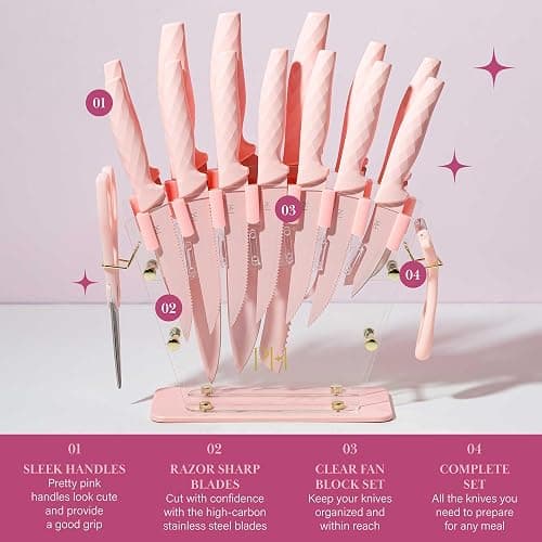 Paris Hilton Knife Block Set with Fan Style Clear Acrylic Knife Block, Premium Stainless Steel Blades with Nonstick Coating, Comfort Grip Handles, 16-Piece Set, Pink and Gold thumbnail 3